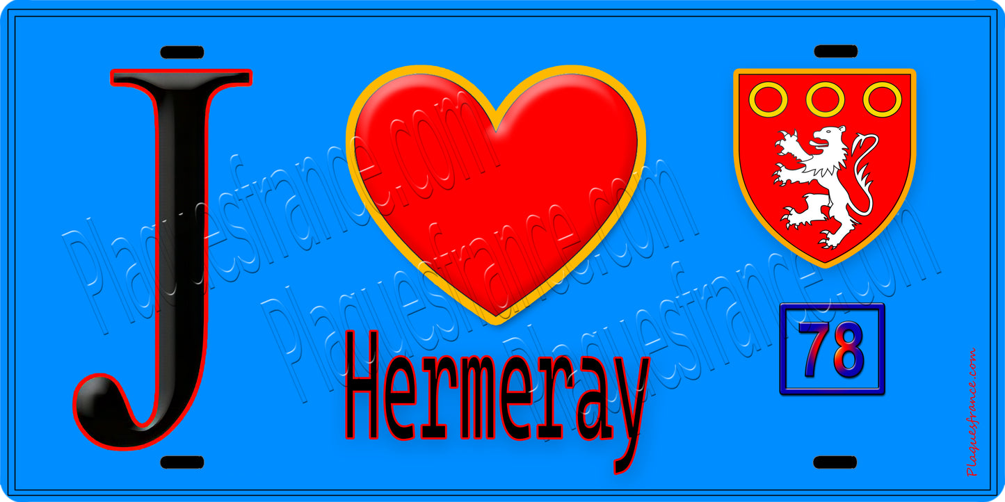 Plaque métal décorative  J' ❤️ Hermeray, Yvelines (78) fond bleu