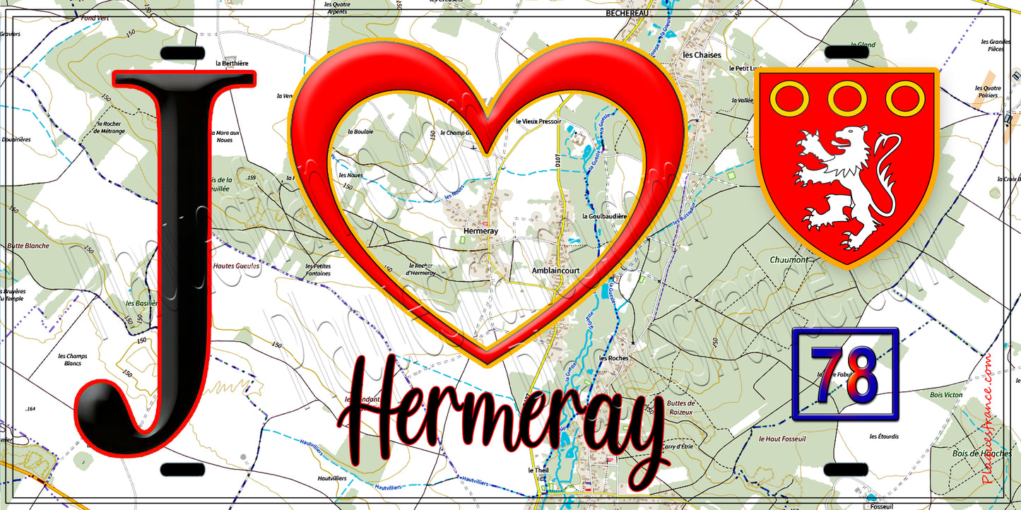 Plaque métal décorative  J' ❤️ Hermeray, Yvelines (78) fond carte