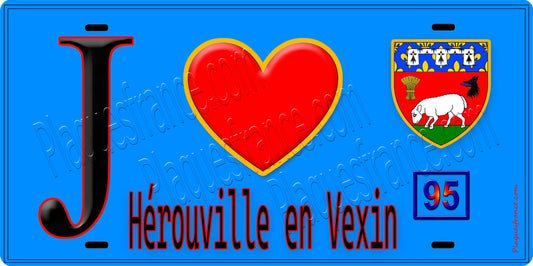 Plaque métal décorative  J' ❤️Hérouville-en-Vexin, Val d'Oise (95) fond bleu