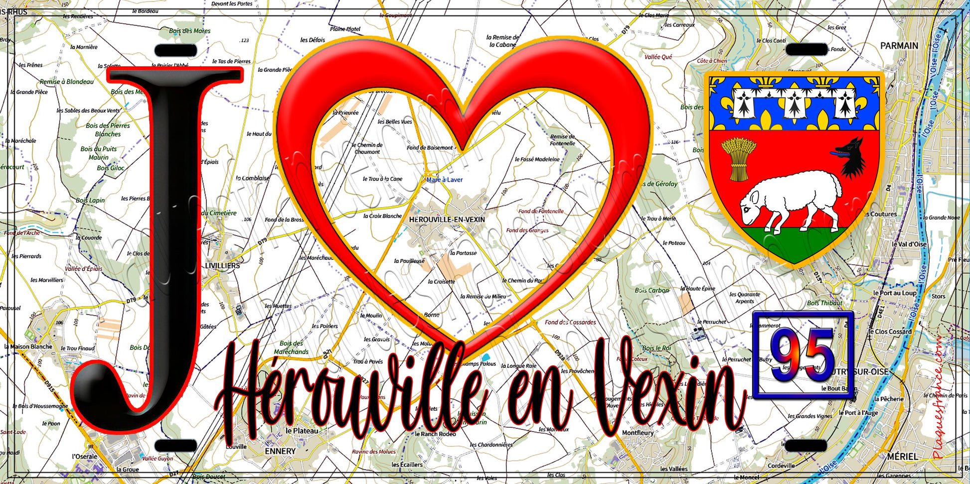 Plaque métal décorative  J' ❤️Hérouville-en-Vexin, Val d'Oise (95) fond carte
