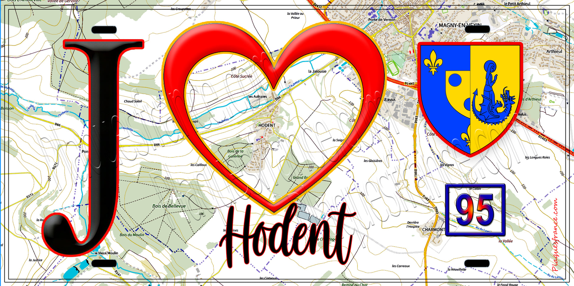 Plaque métal décorative  J' ❤️Hodent, Val d'Oise (95) fond carte