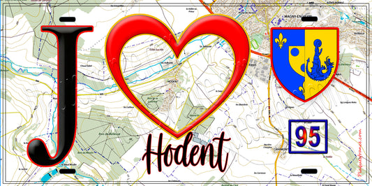 Plaque métal décorative  J' ❤️Hodent, Val d'Oise (95) fond carte