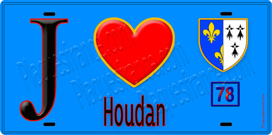 Plaque métal décorative  J' ❤️ Houdan, Yvelines (78) fond bleu