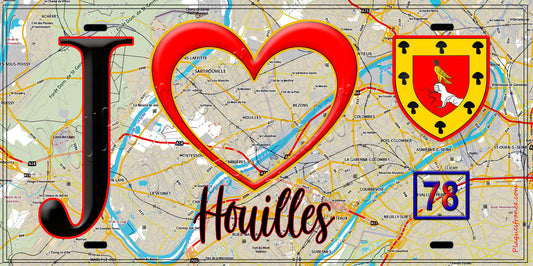 Plaque métal décorative  J' ❤️ Houilles, Yvelines (78) fond carte