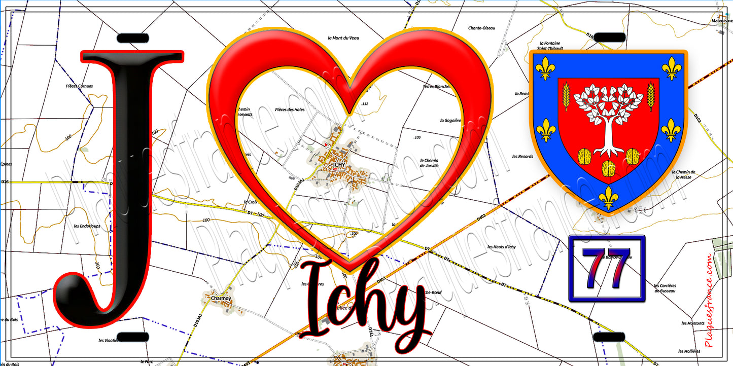 Plaque métal décorative  J' ❤️Ichy, Seine et Marne (77) fond carte