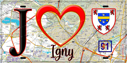Plaque métal décorative  J' ❤️Igny, Essonne (91) fond carte