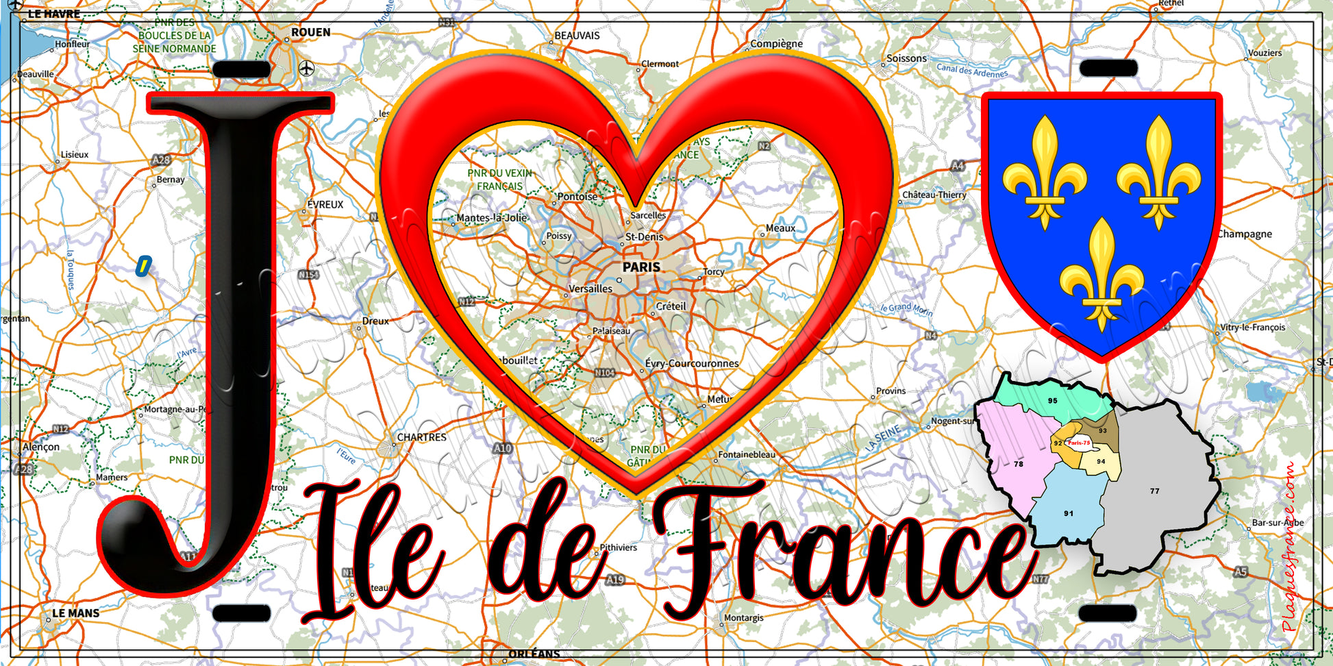 Plaque métal décorative J' ❤️ la région ile de France fond géoportail