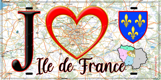 Plaque métal décorative J' ❤️ la région ile de France fond géoportail