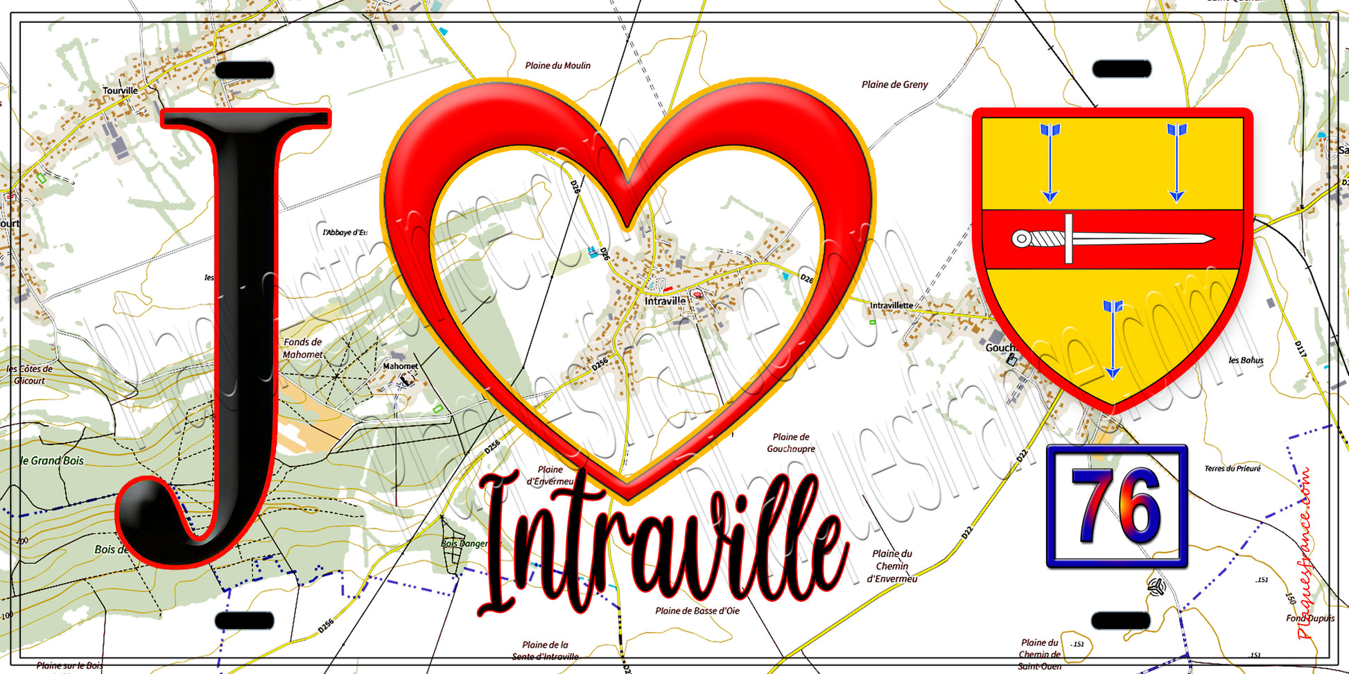 Plaque métal décorative  J' ❤️ Intraville, Seine Maritime (76) fond carte