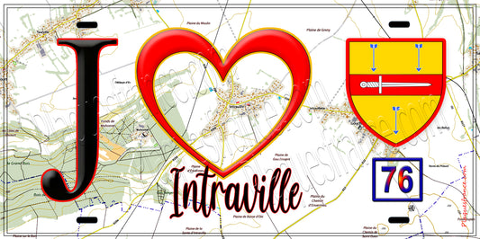 Plaque métal décorative  J' ❤️ Intraville, Seine Maritime (76) fond carte