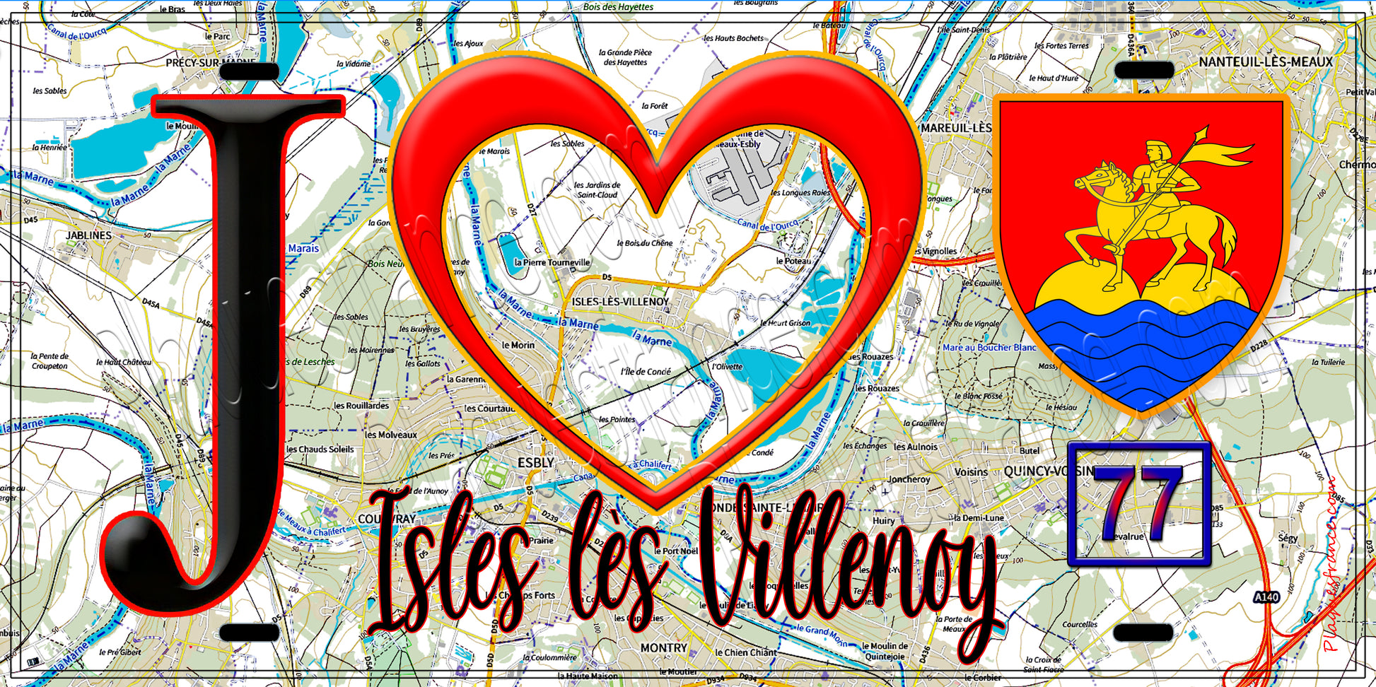 Plaque métal décorative  J' ❤️Isles-lès-Villenoy, Seine et Marne (77) fond carte
