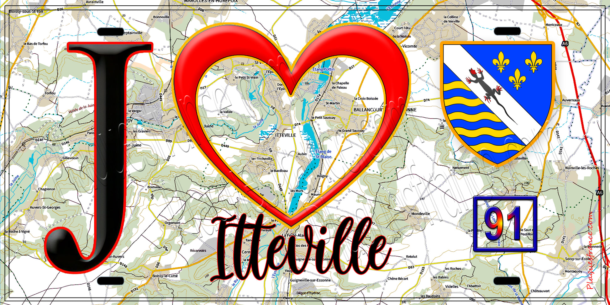 Plaque métal décorative  J' ❤️Itteville, Essonne (91) fond carte 