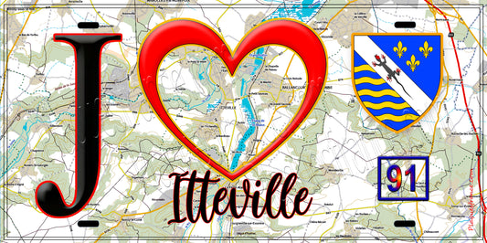 Plaque métal décorative  J' ❤️Itteville, Essonne (91) fond carte 