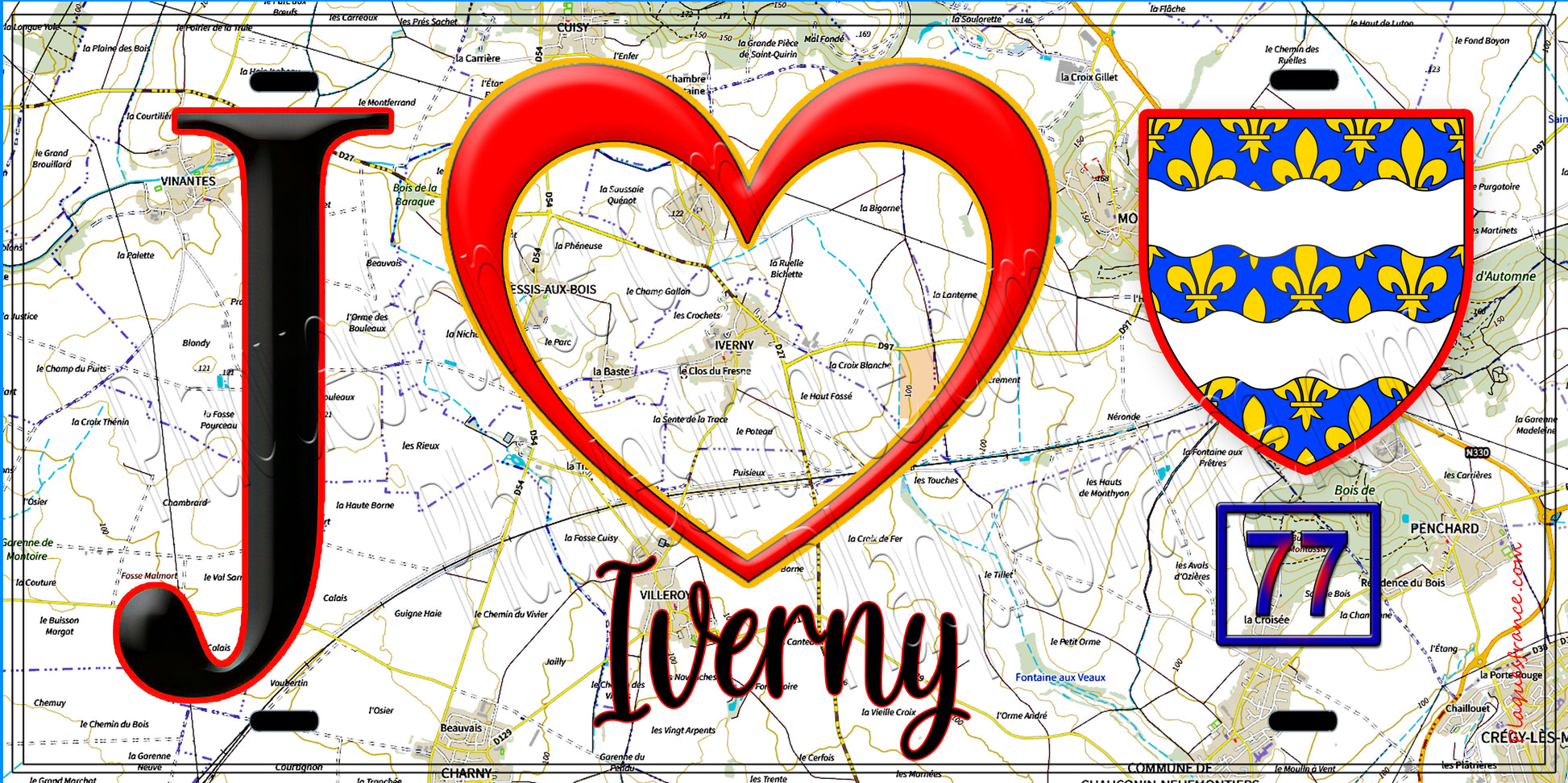 Plaque métal décorative  J' ❤️Iverny, Seine et Marne (77) fond carte