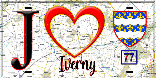 Plaque métal décorative  J' ❤️Iverny, Seine et Marne (77) fond carte
