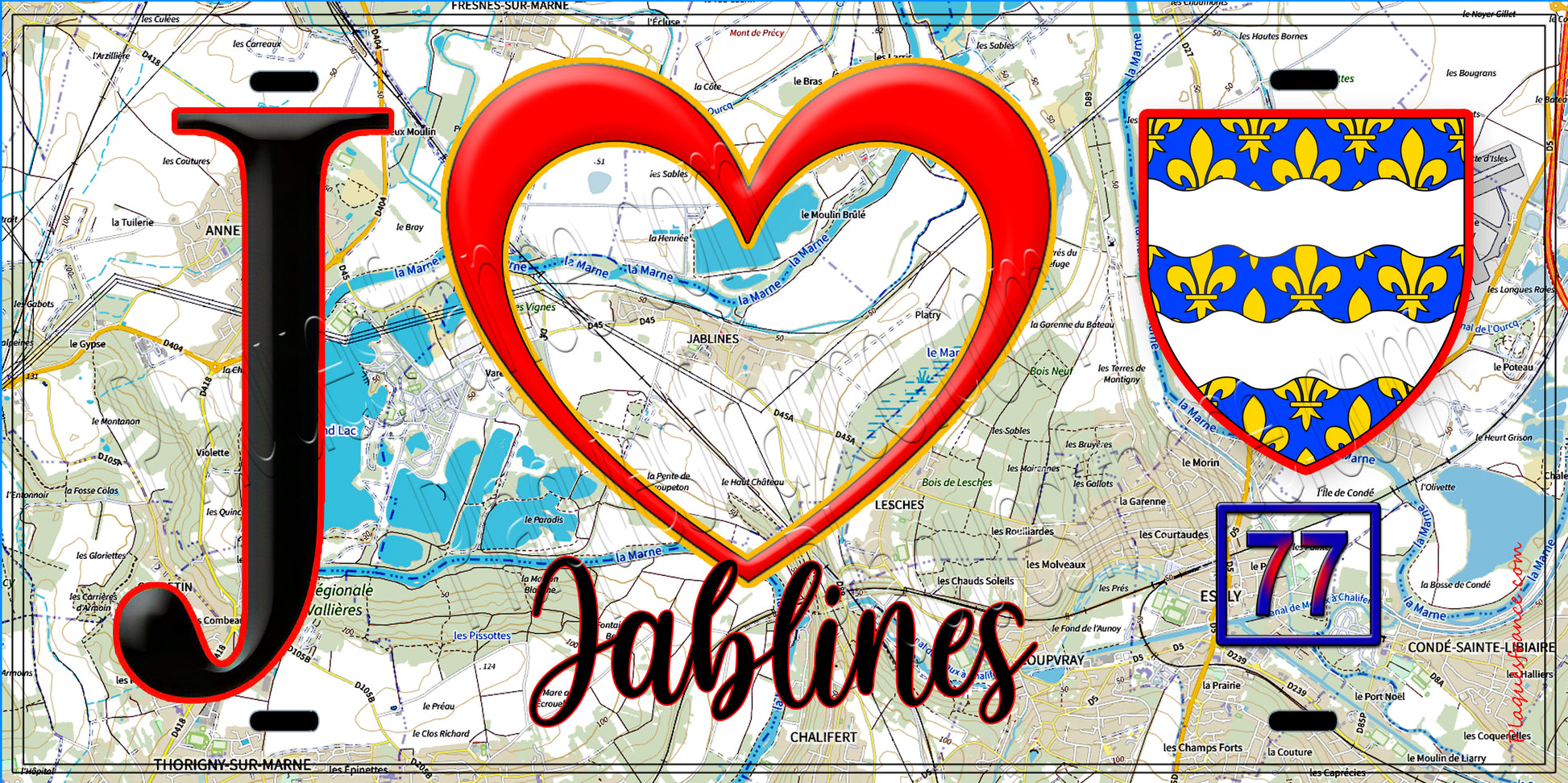 Plaque métal décorative  J' ❤️Jablines, Seine et Marne (77) fond carte