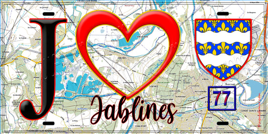 Plaque métal décorative  J' ❤️Jablines, Seine et Marne (77) fond carte