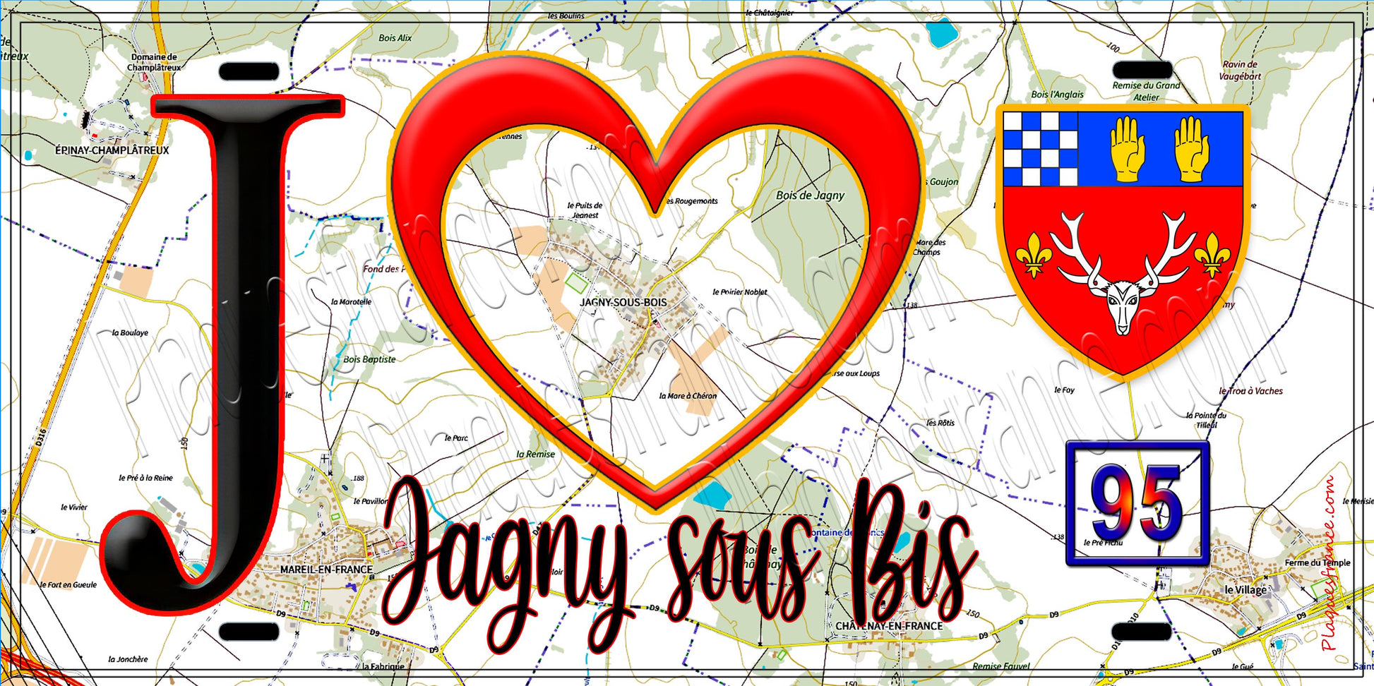 Plaque métal décorative  J' ❤️Jagny-sous-Bois, Val d'Oise (95) fond carte
