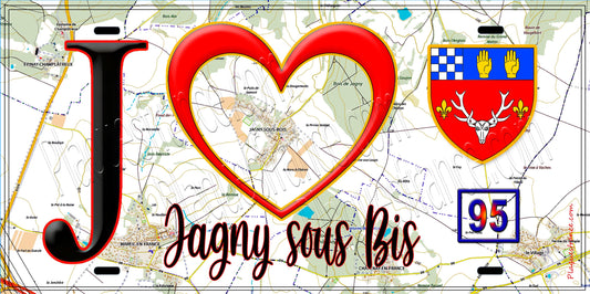 Plaque métal décorative  J' ❤️Jagny-sous-Bois, Val d'Oise (95) fond carte
