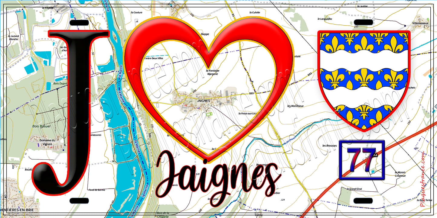 Plaque métal décorative  J' ❤️Jaignes, Seine et Marne (77) fond carte