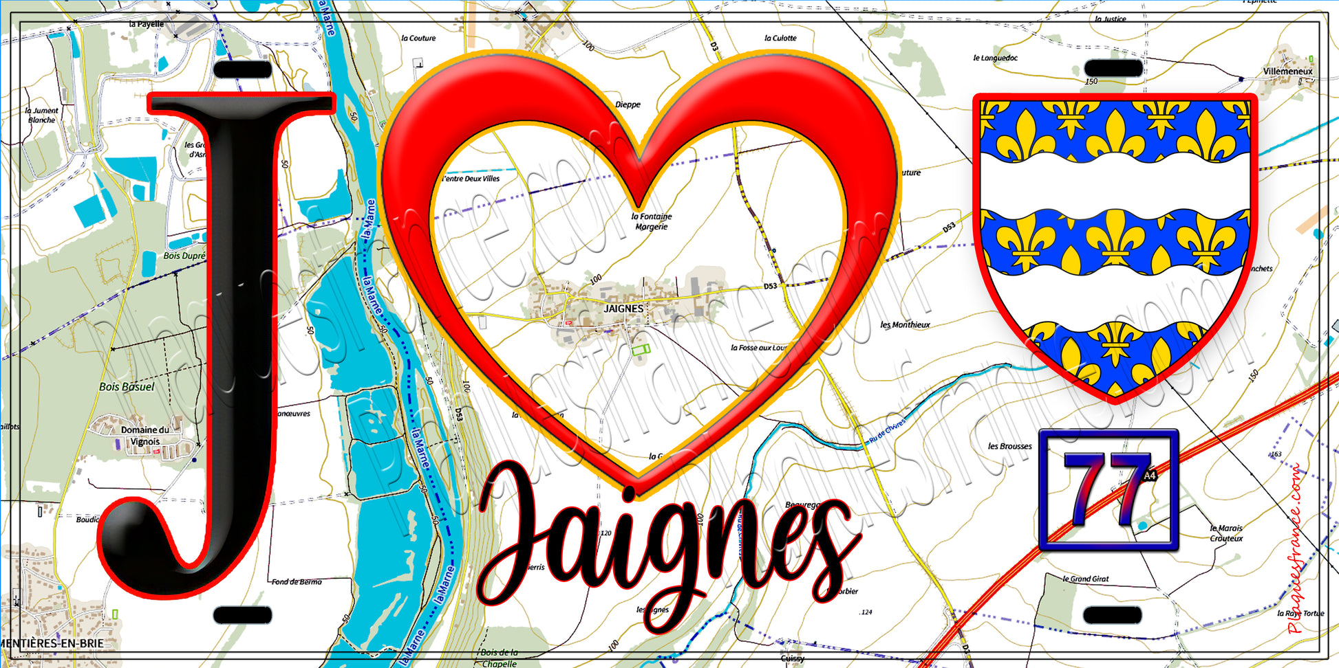Plaque métal décorative  J' ❤️Jaignes, Seine et Marne (77) fond carte