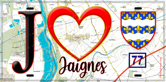 Plaque métal décorative  J' ❤️Jaignes, Seine et Marne (77) fond carte