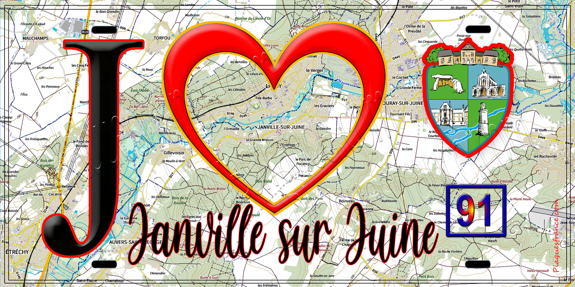 Plaque métal décorative  J' ❤️Janville-sur-Juine, Essonne (91) fond carte