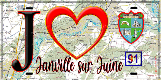 Plaque métal décorative  J' ❤️Janville-sur-Juine, Essonne (91) fond carte