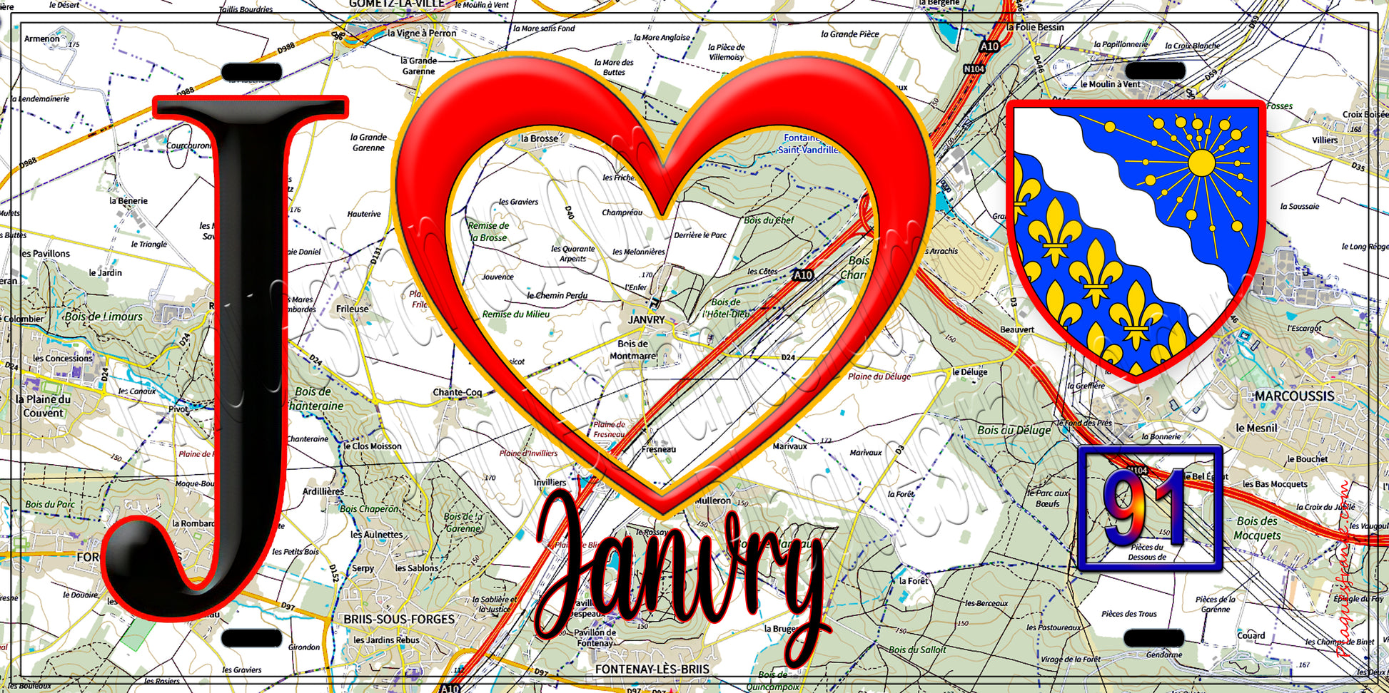 Plaque métal décorative  J' ❤️Janvry, Essonne (91) fond carte