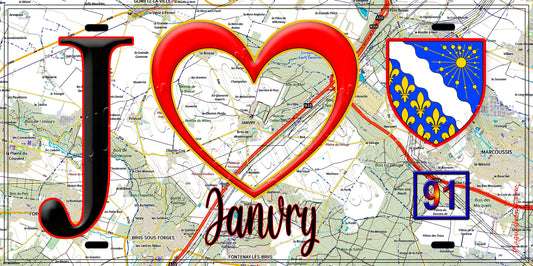 Plaque métal décorative  J' ❤️Janvry, Essonne (91) fond carte