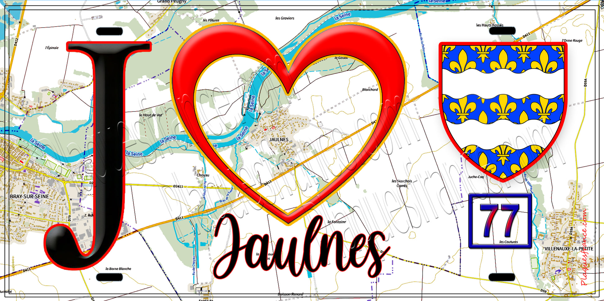 Plaque métal décorative  J' ❤️Jaulnes, Seine et Marne (77) fond carte