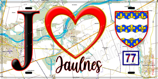Plaque métal décorative  J' ❤️Jaulnes, Seine et Marne (77) fond carte