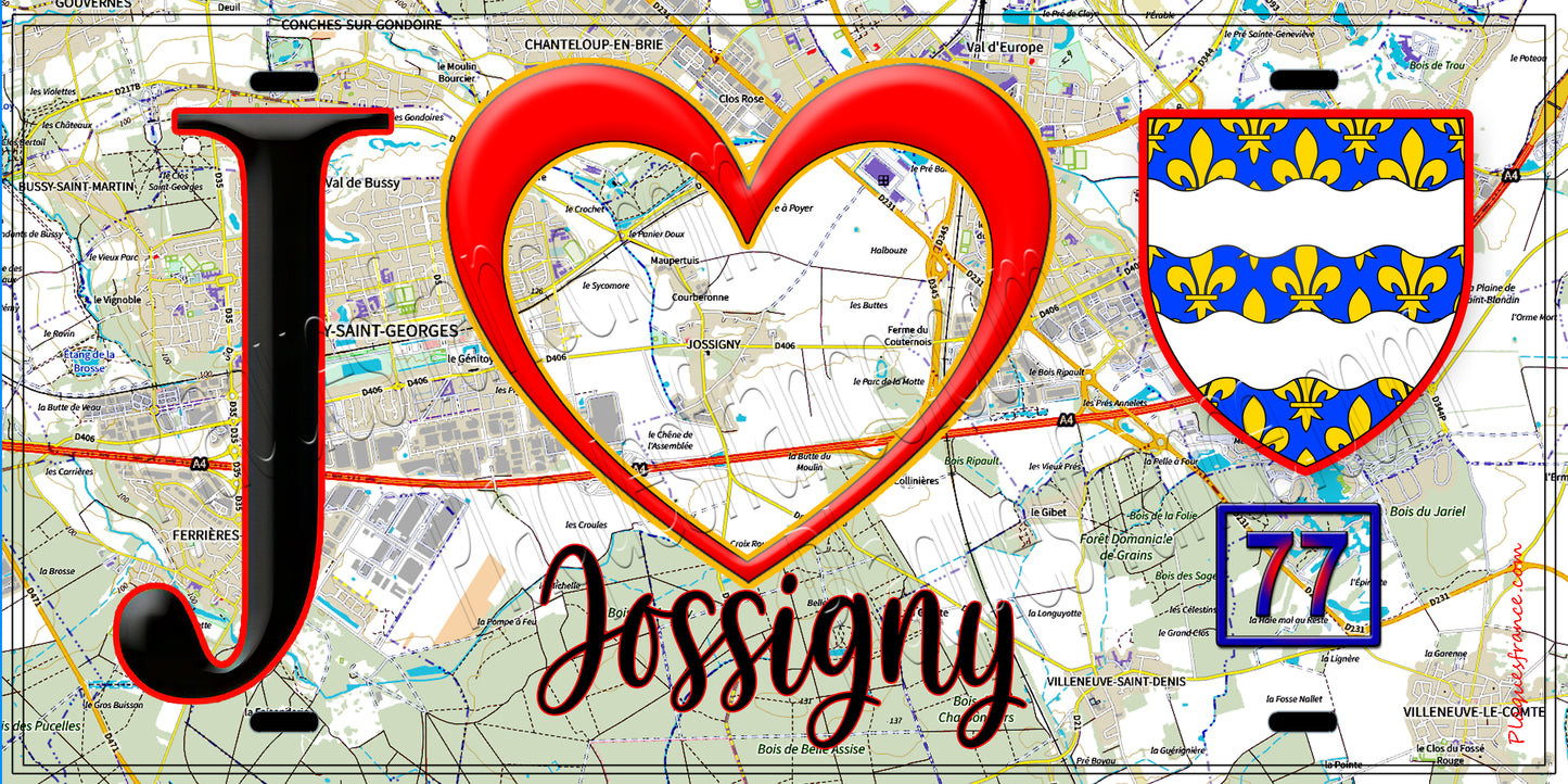 Plaque métal décorative  J' ❤️Jossigny, Seine et Marne (77) fond carte