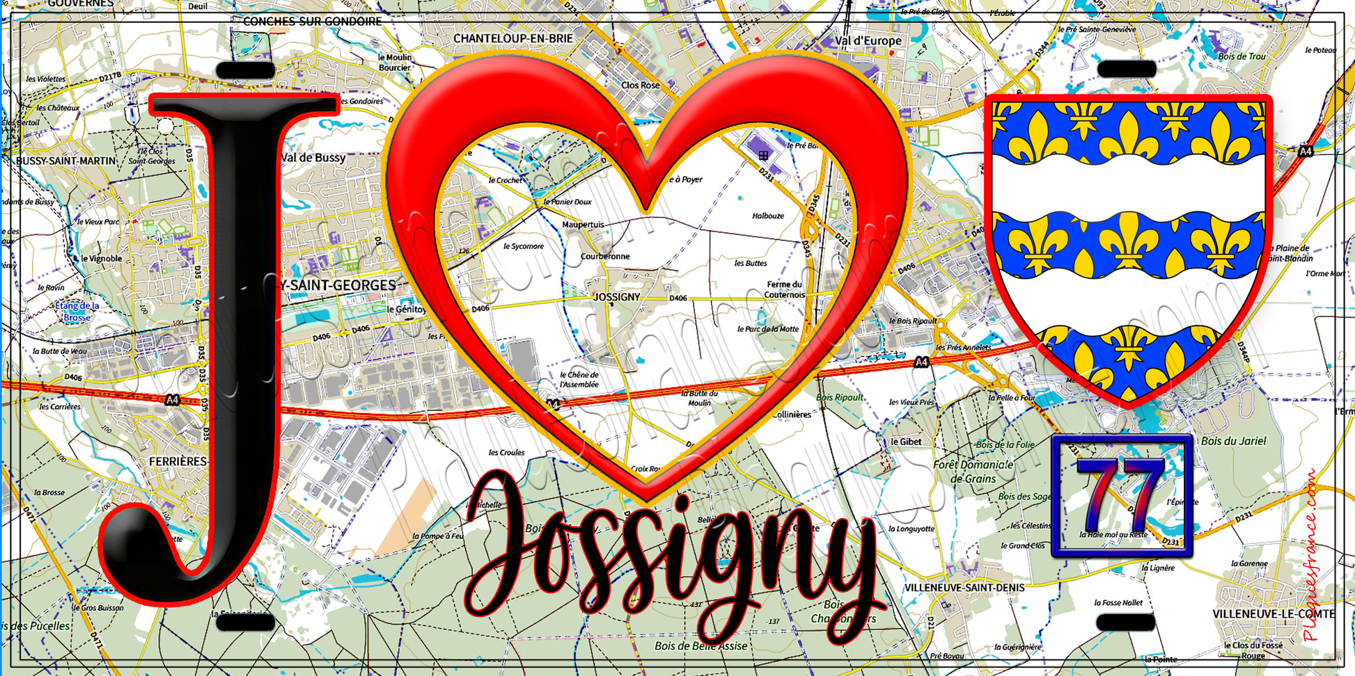 Plaque métal décorative  J' ❤️Jossigny, Seine et Marne (77) fond carte