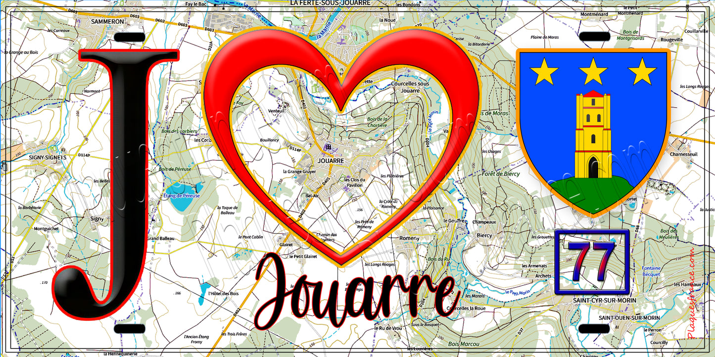 Plaque métal décorative  J' ❤️Jouarre, Seine et Marne (77) fond carte