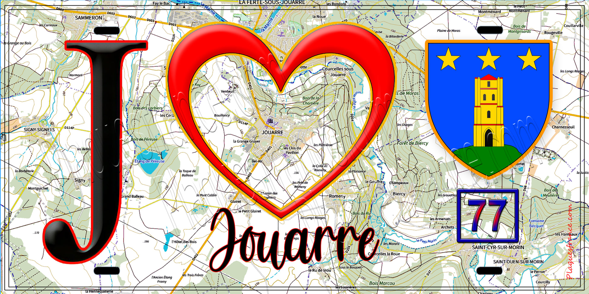 Plaque métal décorative  J' ❤️Jouarre, Seine et Marne (77) fond carte