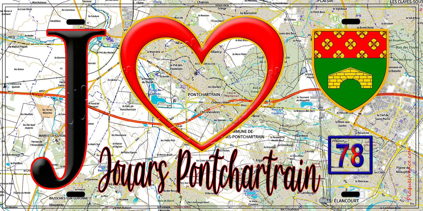 Plaque métal décorative  J' ❤️ Jouars-Pontchartrain, Yvelines (78) fond carte