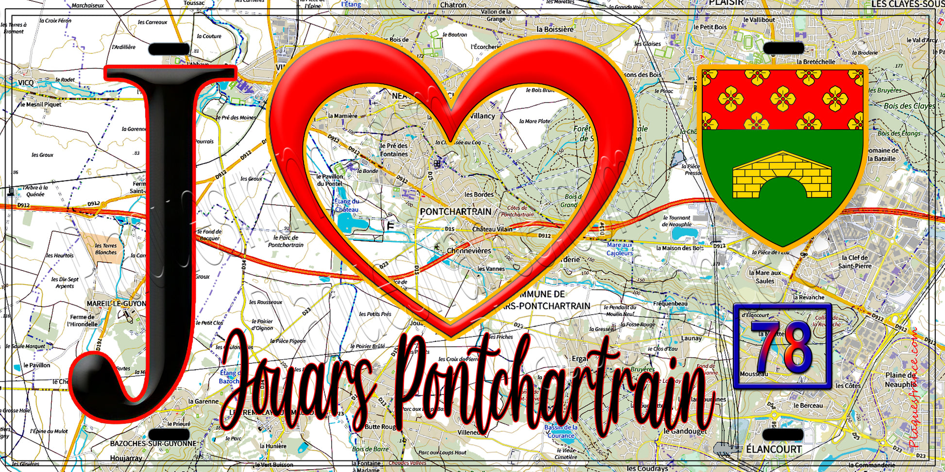 Plaque métal décorative  J' ❤️ Jouars-Pontchartrain, Yvelines (78) fond carte
