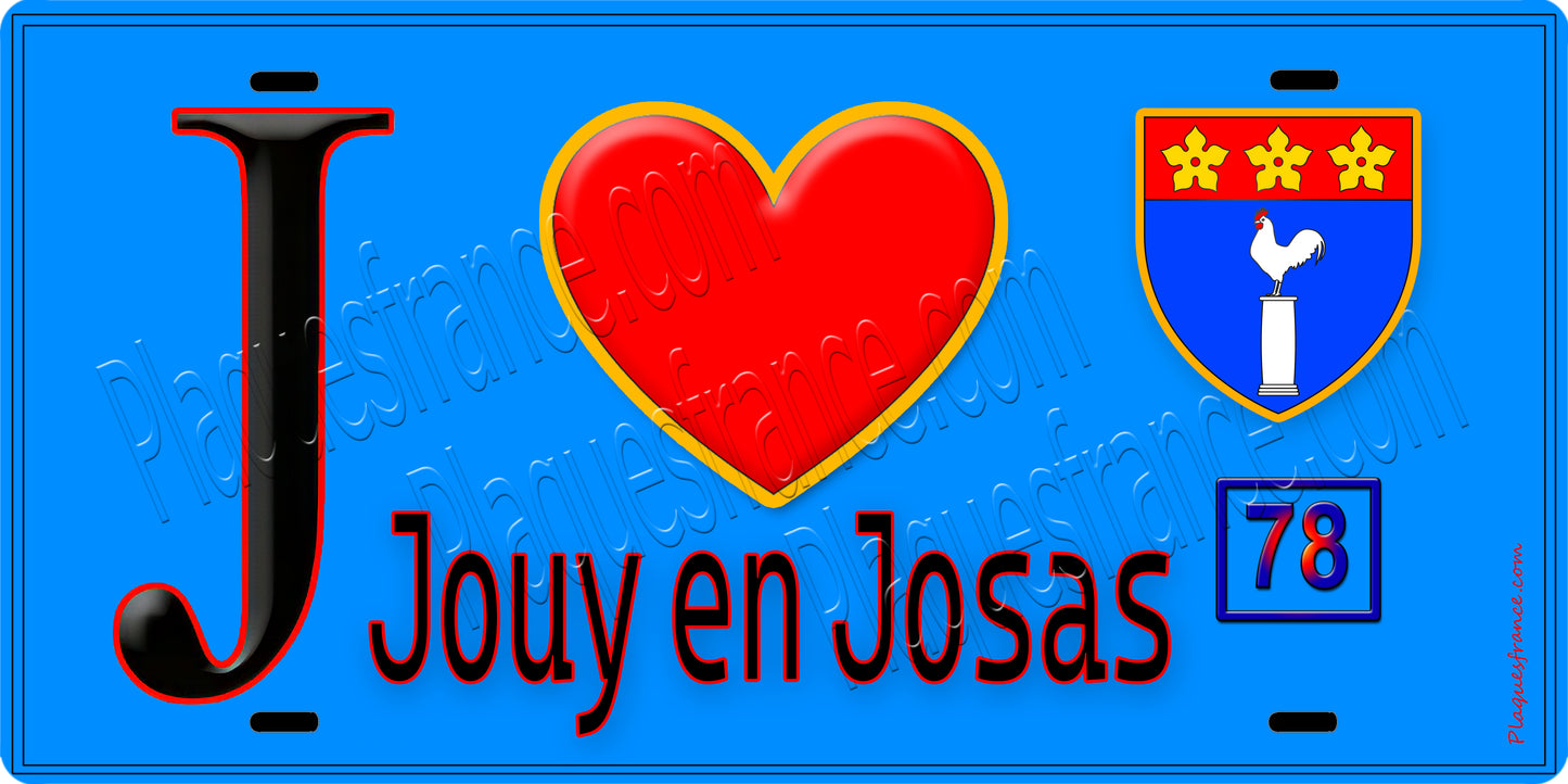 Plaque métal décorative  J' ❤️ Jouy-en-Josas, Yvelines (78) fond bleu