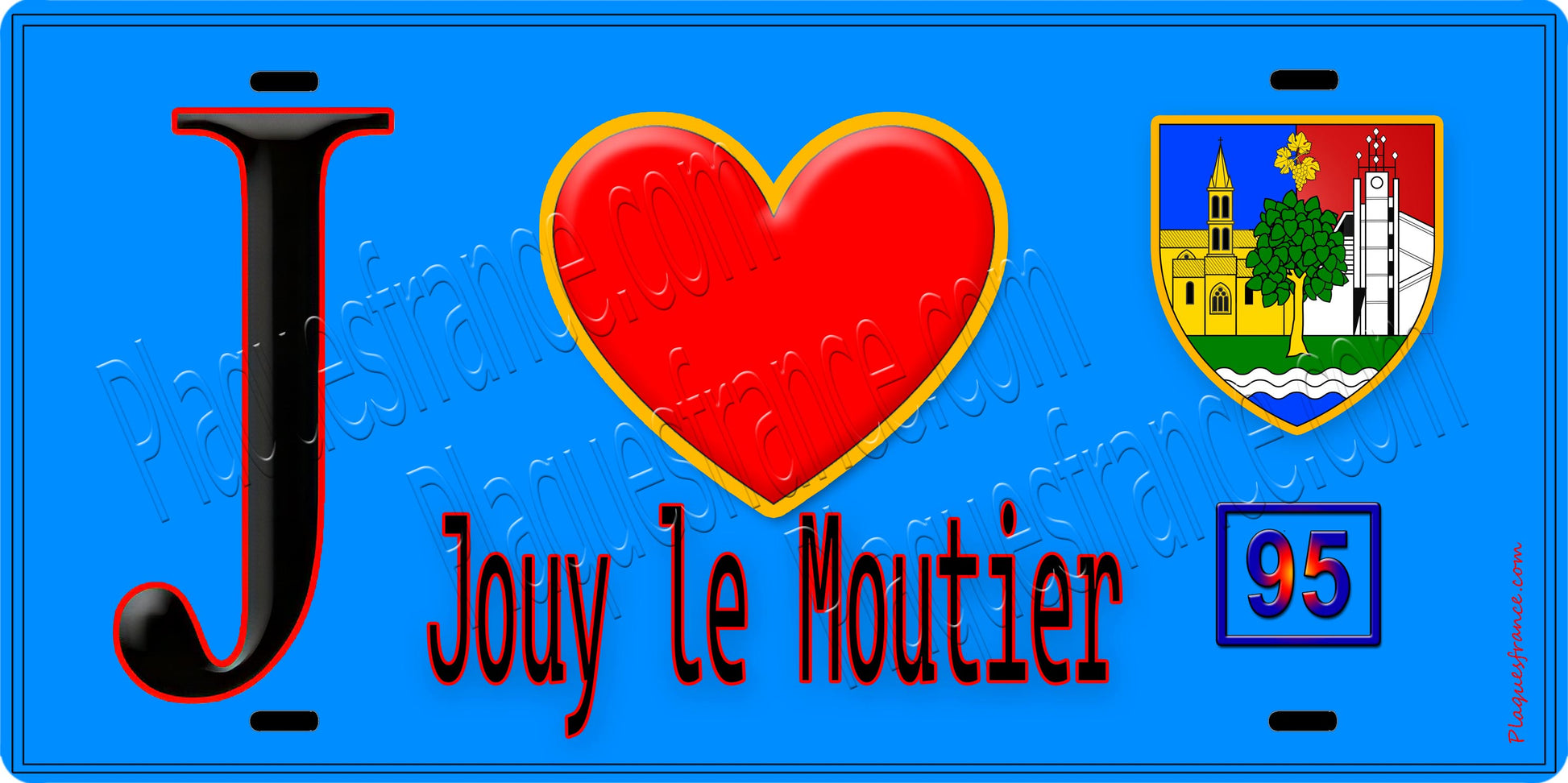Plaque métal décorative  J' ❤️Jouy-le-Moutier, Val d'Oise (95) fond bleu