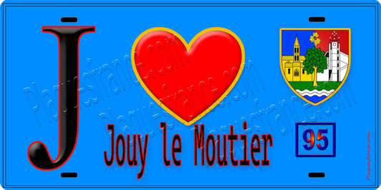 Plaque métal décorative  J' ❤️Jouy-le-Moutier, Val d'Oise (95) fond bleu