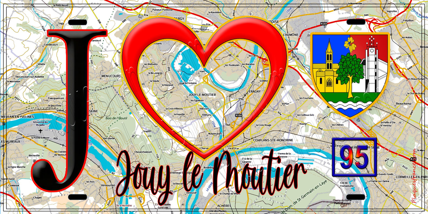Plaque métal décorative  J' ❤️Jouy-le-Moutier, Val d'Oise (95) fond carte