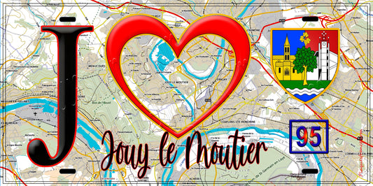 Plaque métal décorative  J' ❤️Jouy-le-Moutier, Val d'Oise (95) fond carte