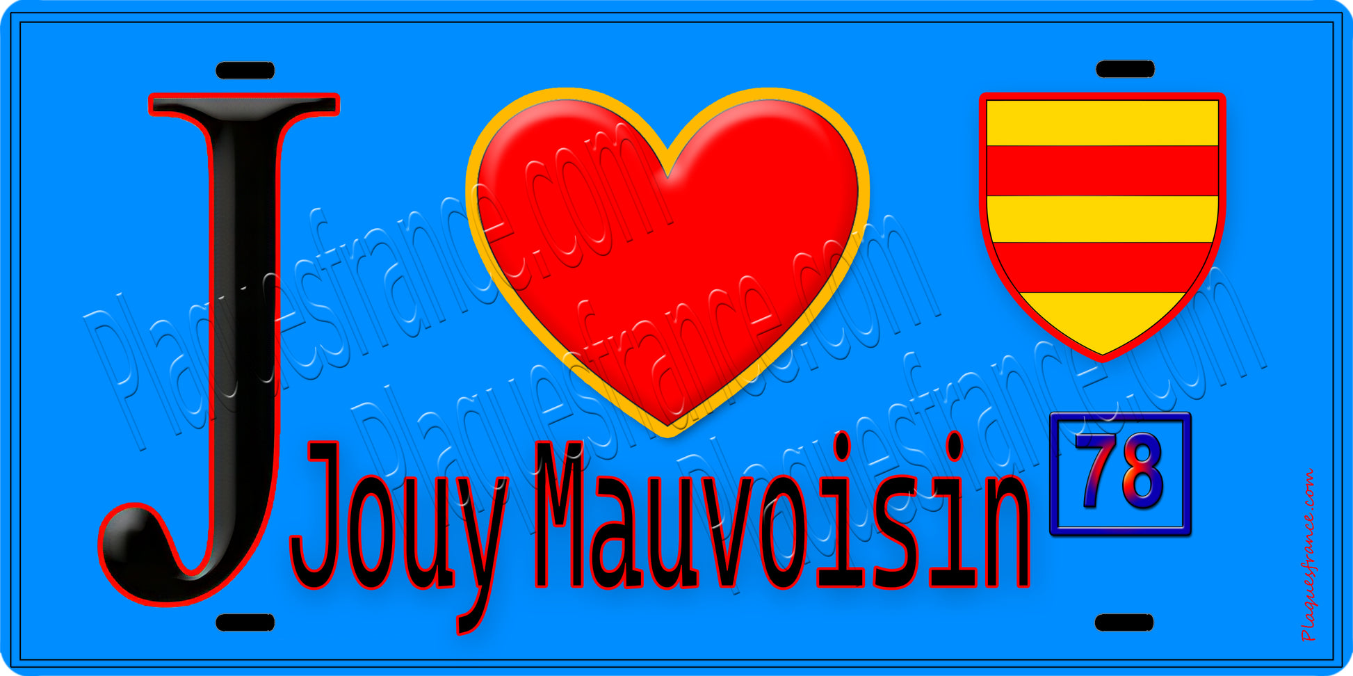Plaque métal décorative  J' ❤️ Jouy-Mauvoisin, Yvelines (78) fond bleu