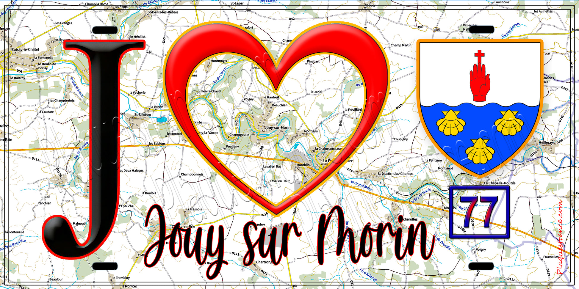 Plaque métal décorative  J' ❤️Jouy-sur-Morin, Seine et Marne (77) fond carte