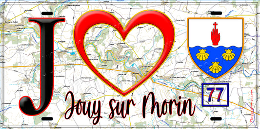 Plaque métal décorative  J' ❤️Jouy-sur-Morin, Seine et Marne (77) fond carte