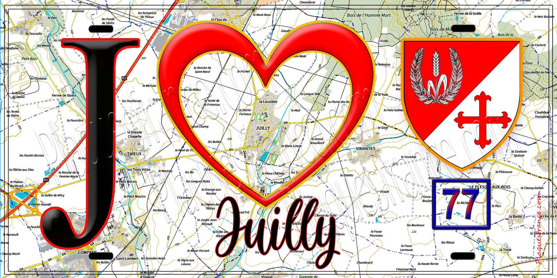 Plaque métal décorative  J' ❤️Juilly, Seine et Marne (77) fond carte