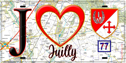 Plaque métal décorative  J' ❤️Juilly, Seine et Marne (77) fond carte