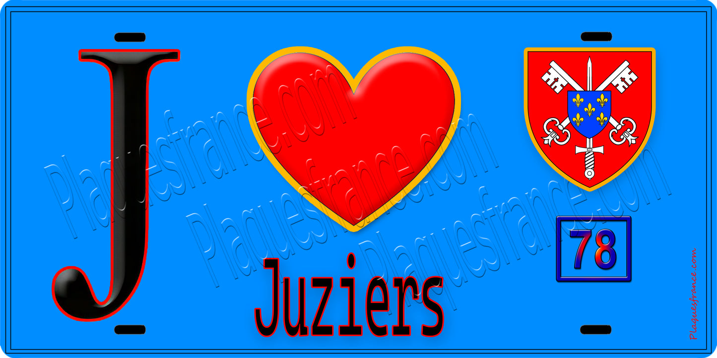 Plaque métal décorative  J' ❤️ Juziers, Yvelines (78) fond bleu