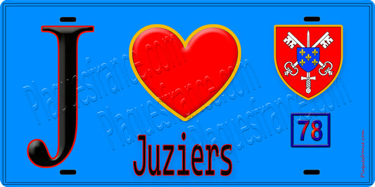 Plaque métal décorative  J' ❤️ Juziers, Yvelines (78) fond bleu